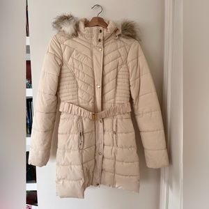 GUESS Short Belted Puffer Jacket with Faux Fur Hood